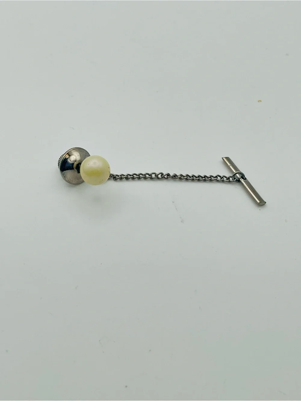 Vintage Silver Tone Chain Tie Tack with Faux Pearl Bead